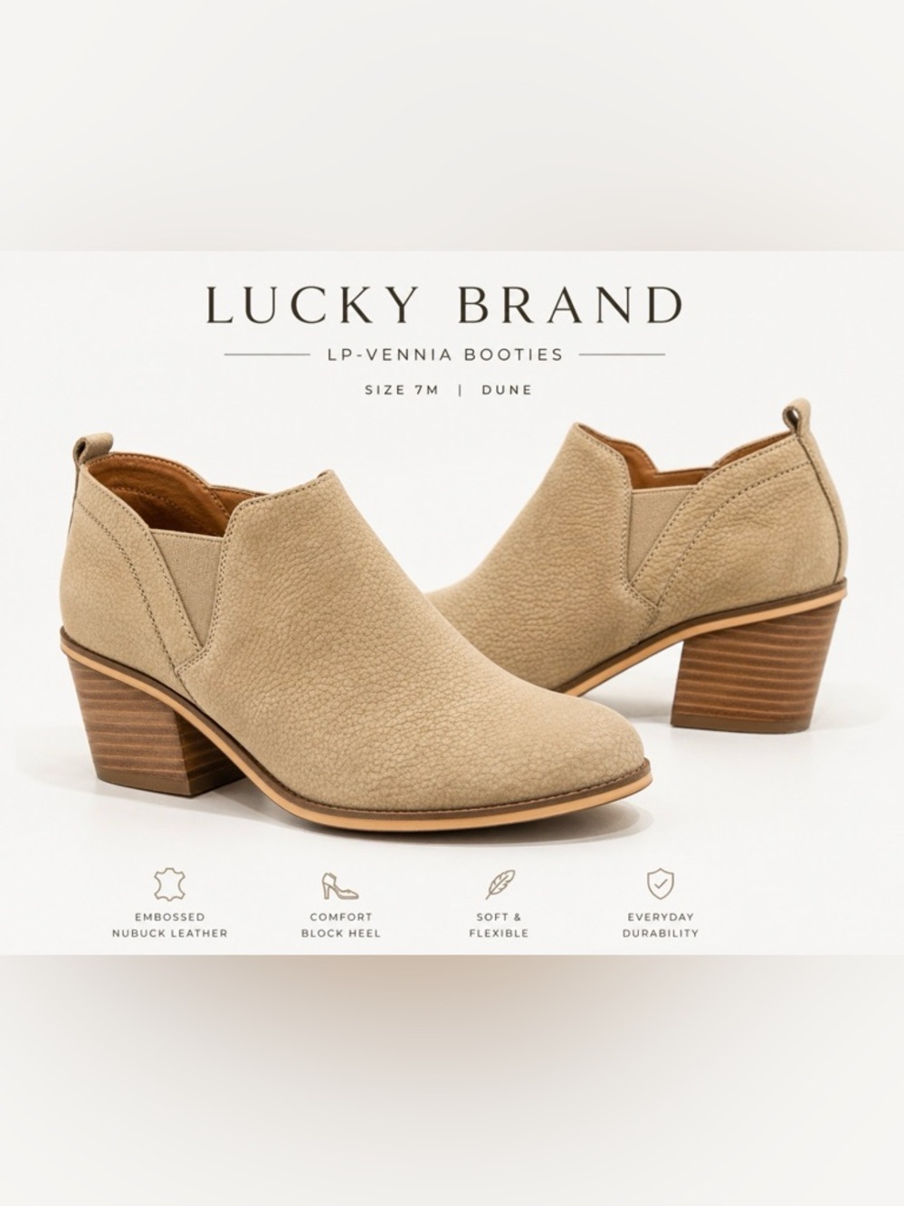 Lucky Brand LP-Vennia Booties Size 7M Dune Embossed Nubuck Leather Ankle Boots